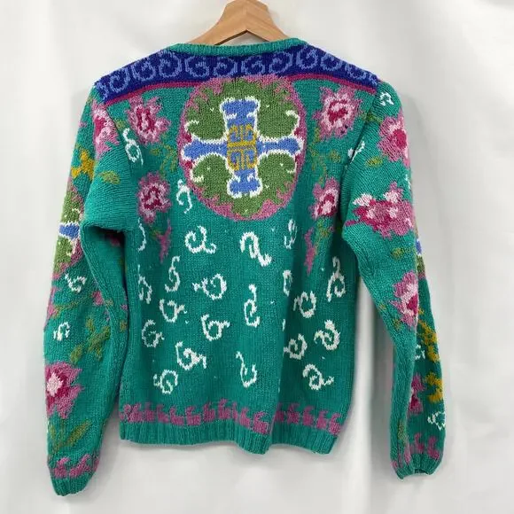 Vintage silk cotton blend teal hand knit colorful cardigan sweater - Picture 4 of 4